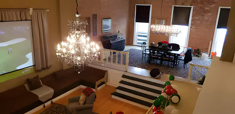 Chandelier over the great room and dining area