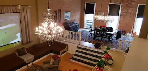Chandelier over the great room and dining area